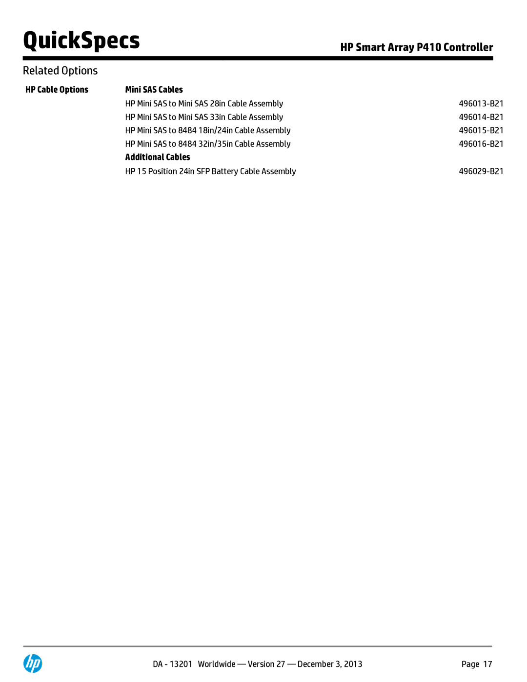 HP Smart Array P410 8-port SAS RAID Controller 572532-B21 manual HP Cable Options Mini SAS Cables, Additional Cables 