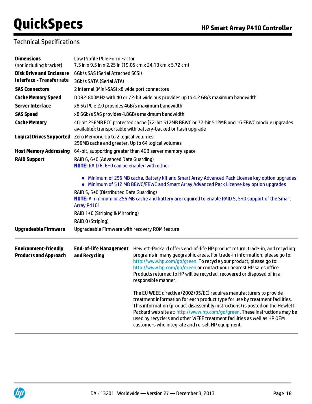 HP Smart Array P410 8-port SAS RAID Controller 572532-B21 manual Technical Specifications 