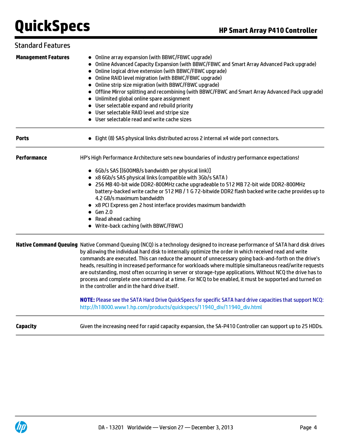 HP Smart Array P410 8-port SAS RAID Controller 572532-B21 manual Management Features, Ports, Performance, Capacity 