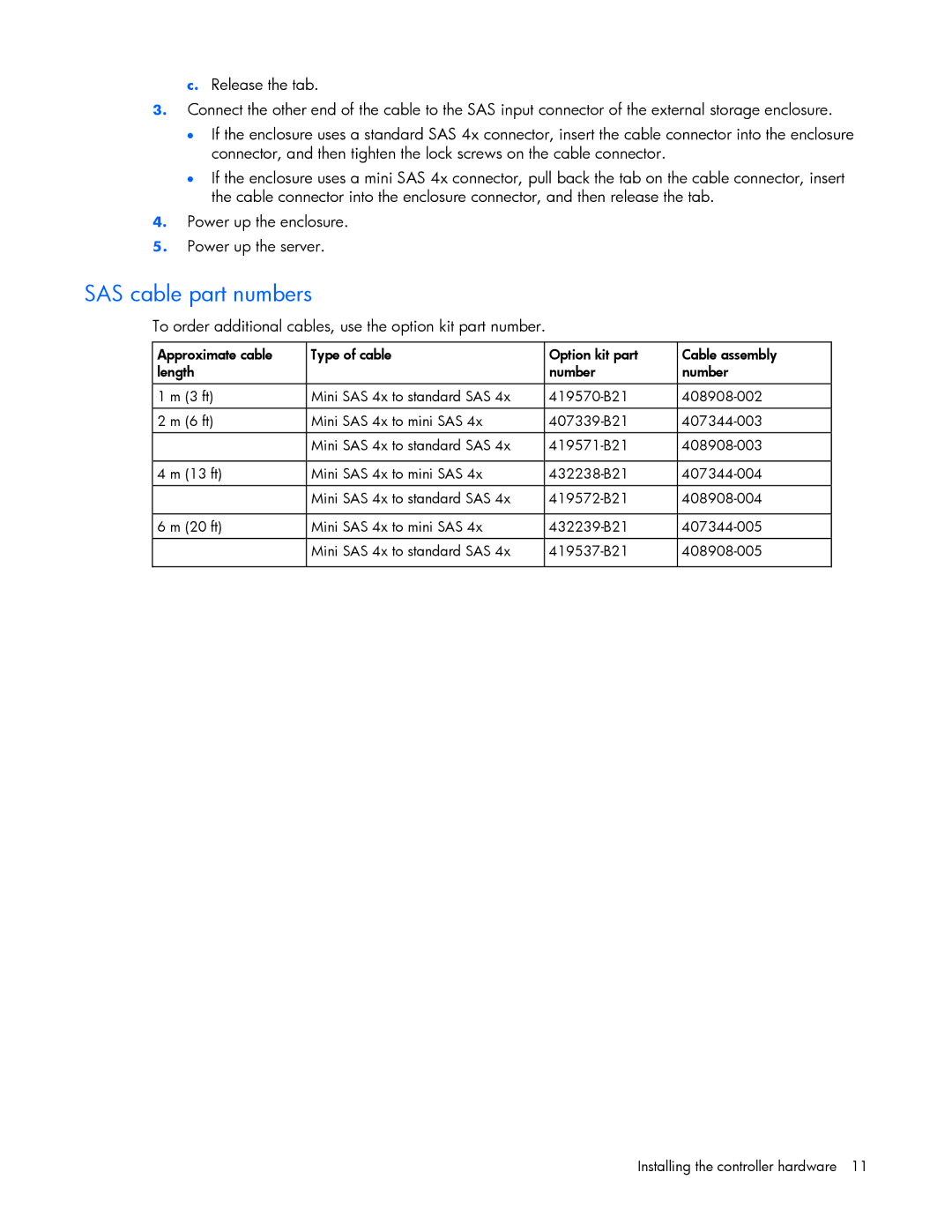 HP Smart Array (RAID) Host Bus Adapters SAS cable part numbers, To order additional cables, use the option kit part number 