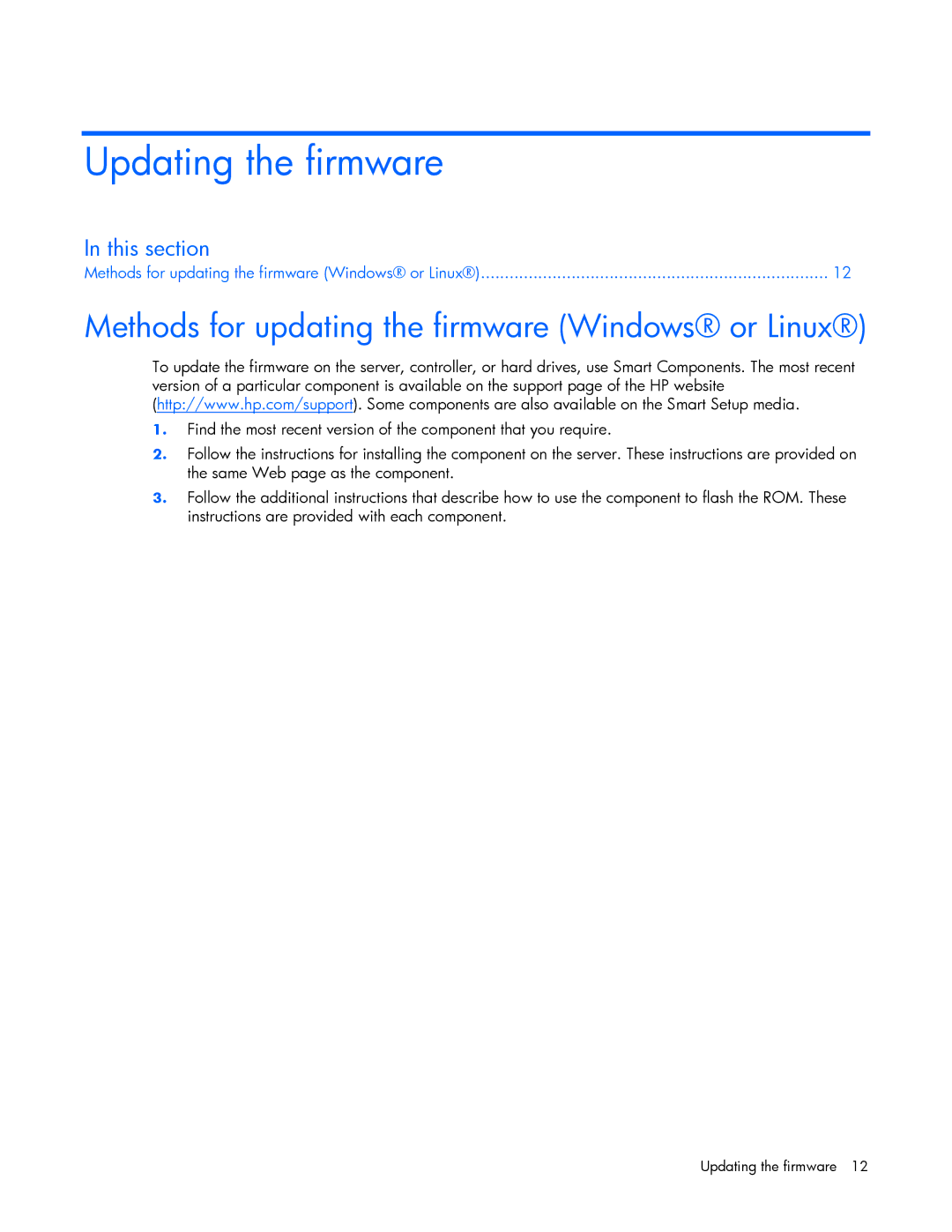 HP Smart Array (RAID) Host Bus Adapters manual Updating the firmware, Methods for updating the firmware Windows or Linux 