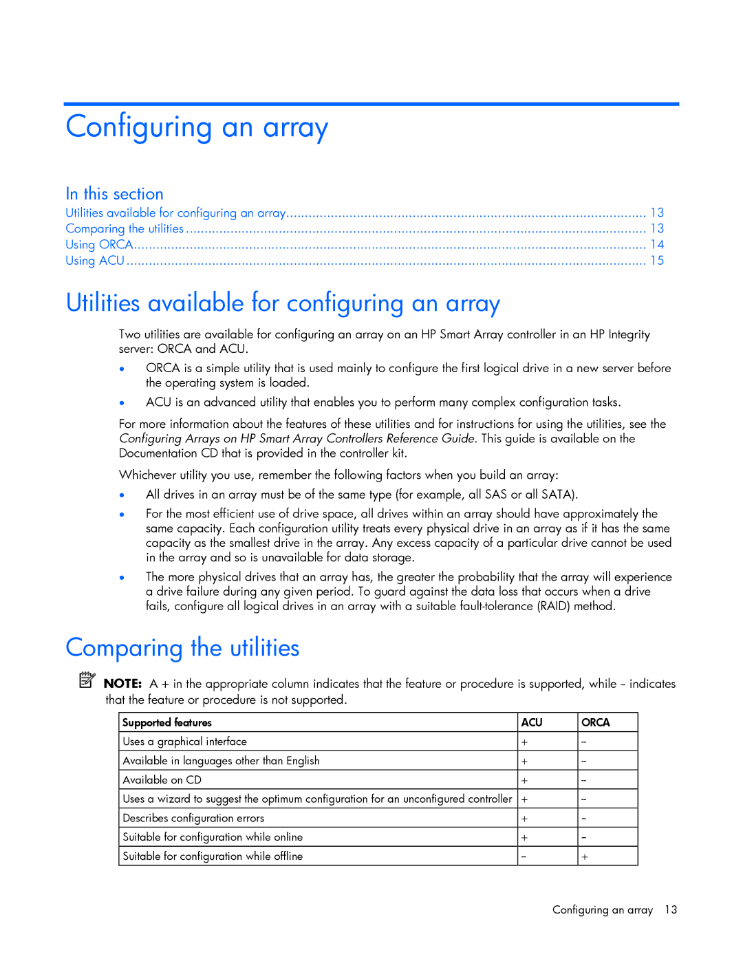 HP Smart Array (RAID) Host Bus Adapters manual Configuring an array, Utilities available for configuring an array 