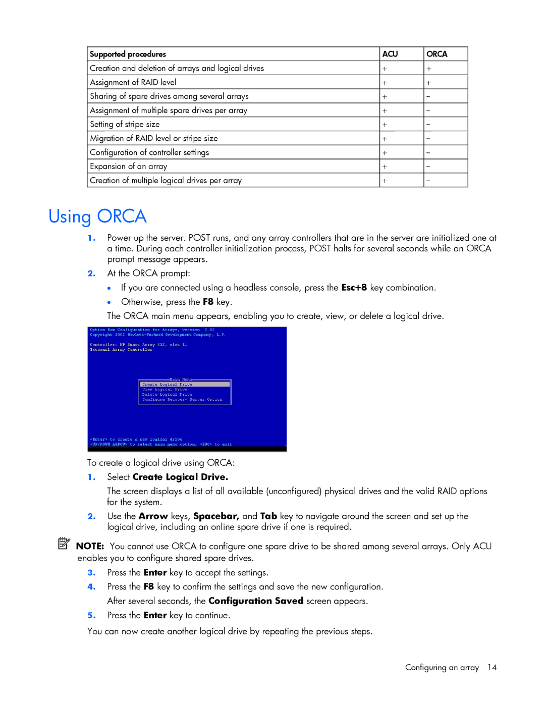 HP Smart Array (RAID) Host Bus Adapters manual Using Orca, Select Create Logical Drive 