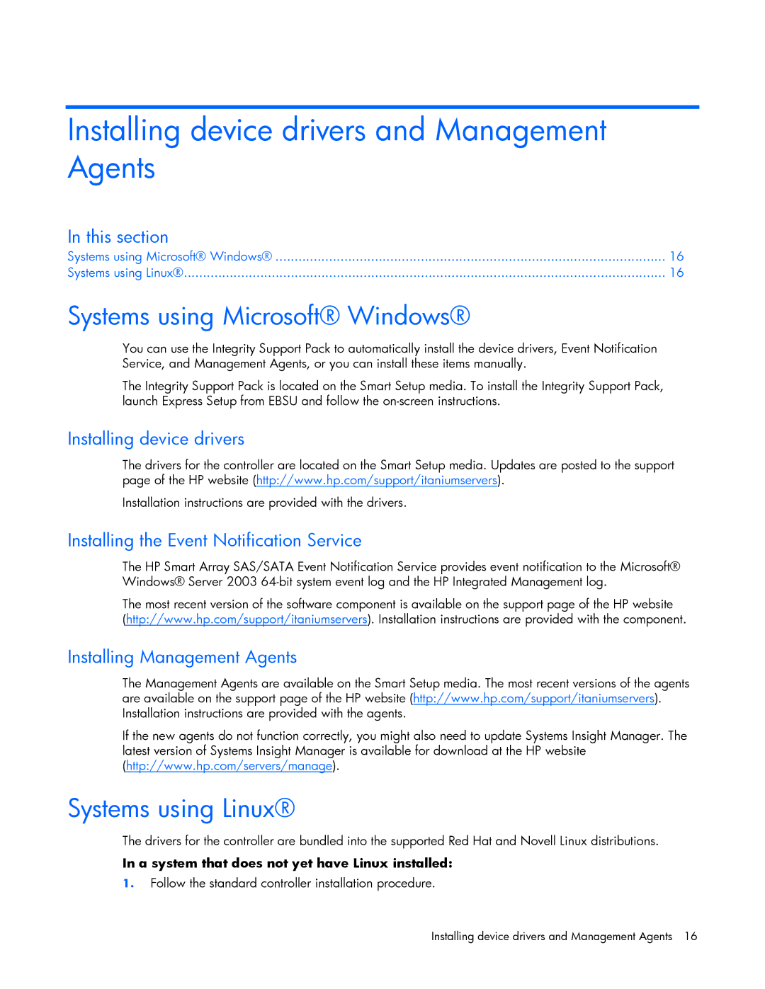 HP Smart Array (RAID) Host Bus Adapters Installing device drivers and Management Agents, Systems using Microsoft Windows 