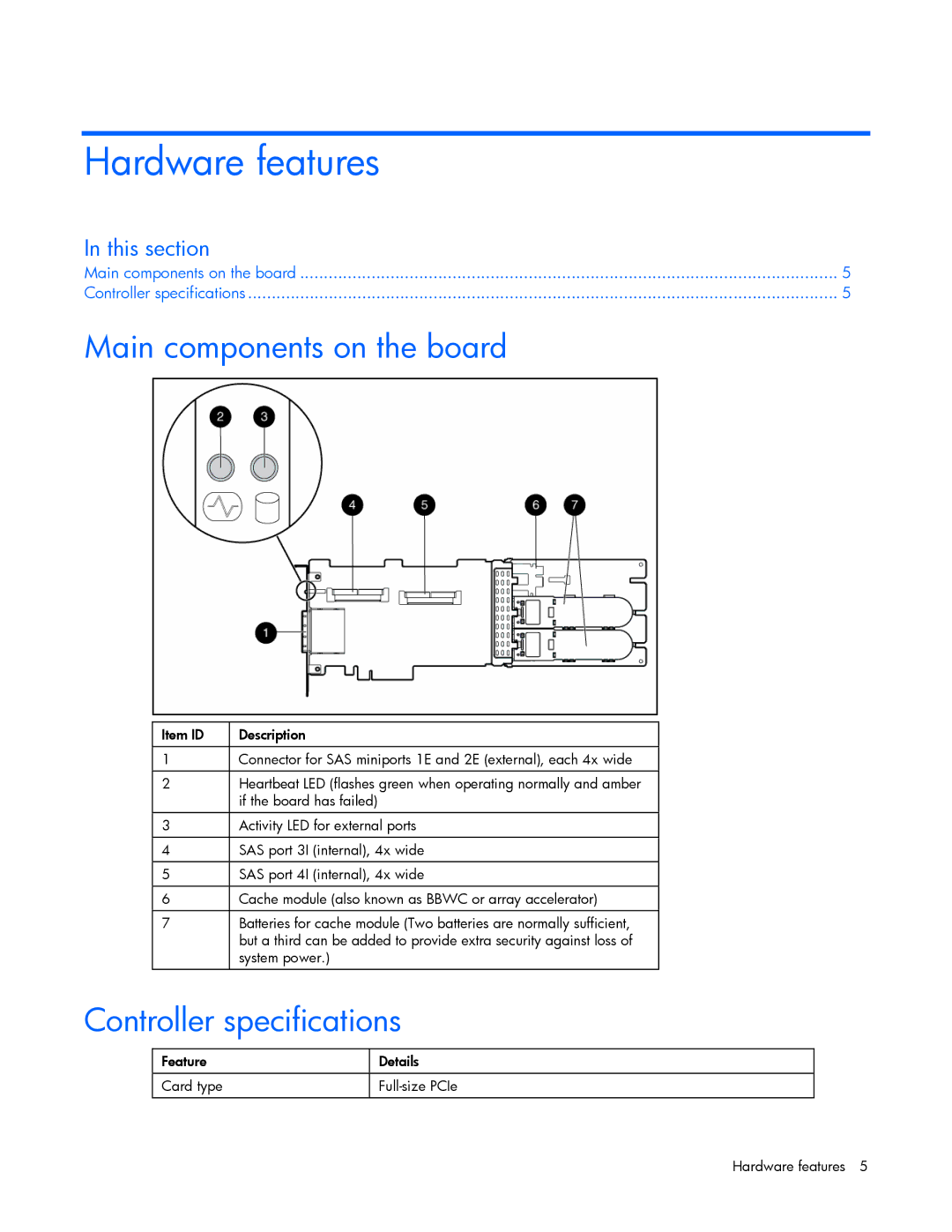 HP Smart Array (RAID) Host Bus Adapters manual Hardware features, Main components on the board, Controller specifications 