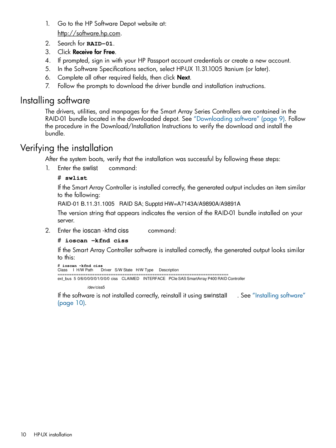 HP Smart Array (RAID) Host Bus Adapters manual Installing software, Verifying the installation 