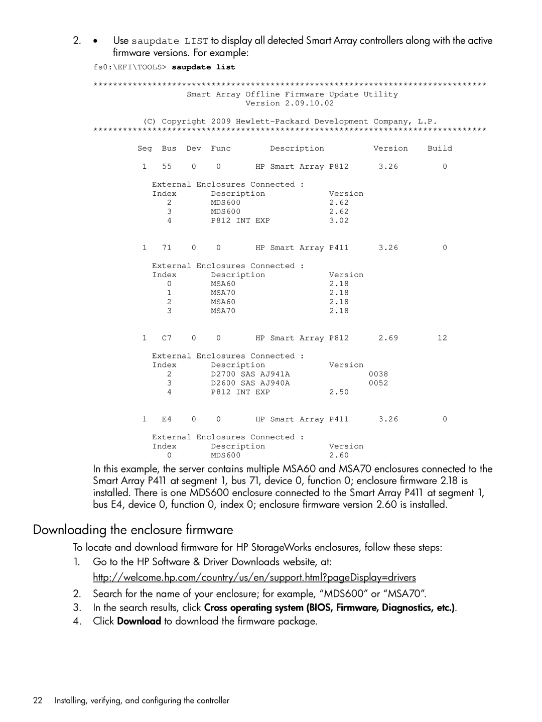 HP Smart Array (RAID) Host Bus Adapters manual Downloading the enclosure firmware 