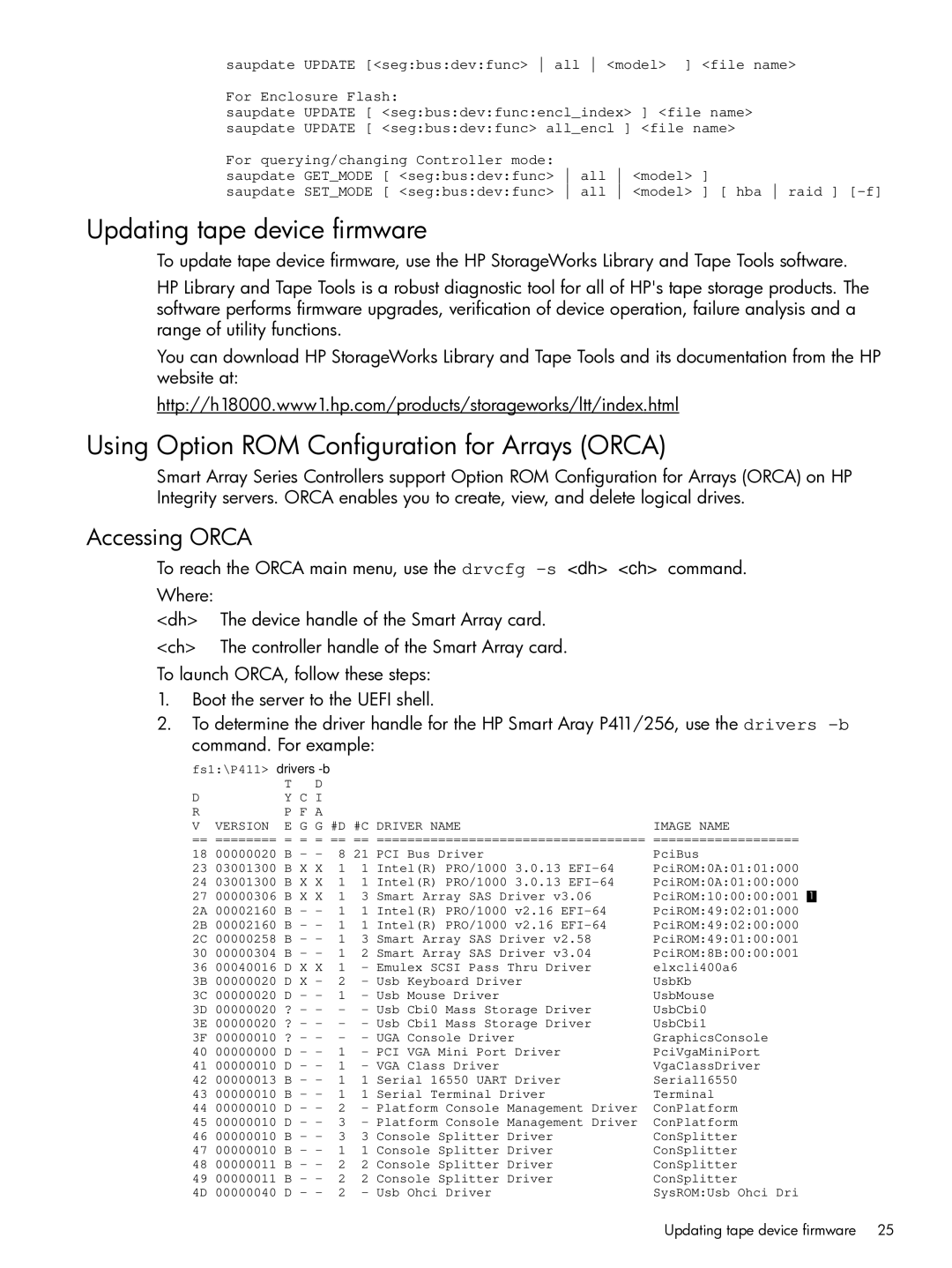 HP Smart Array (RAID) Host Bus Adapters Updating tape device firmware, Using Option ROM Configuration for Arrays Orca 