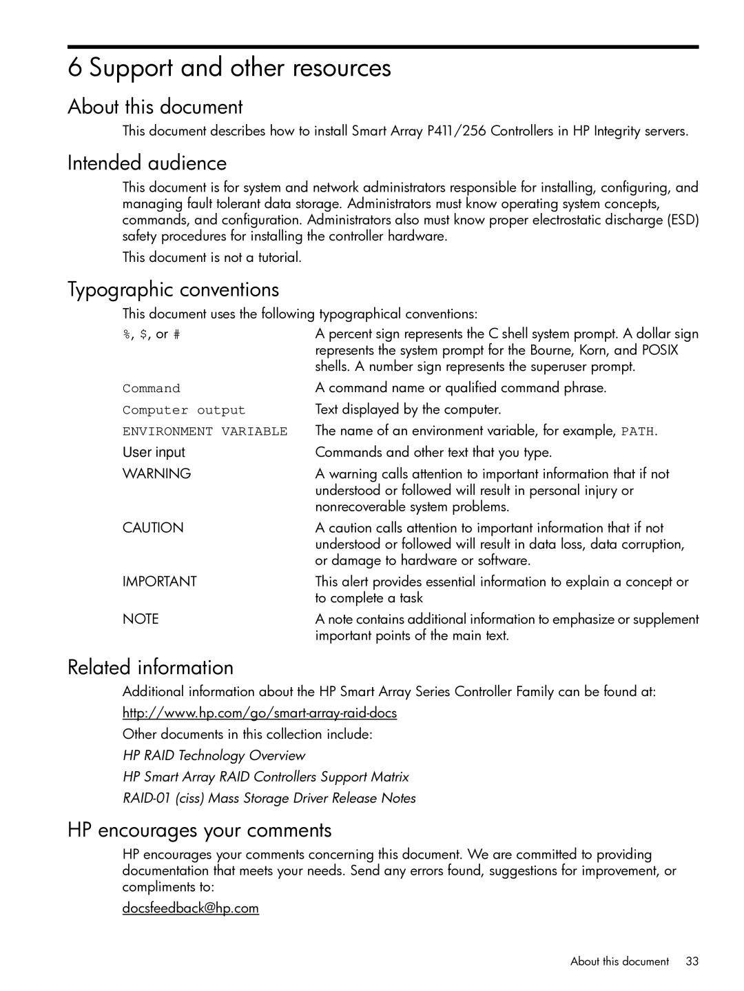 HP Smart Array (RAID) Host Bus Adapters manual Support and other resources 