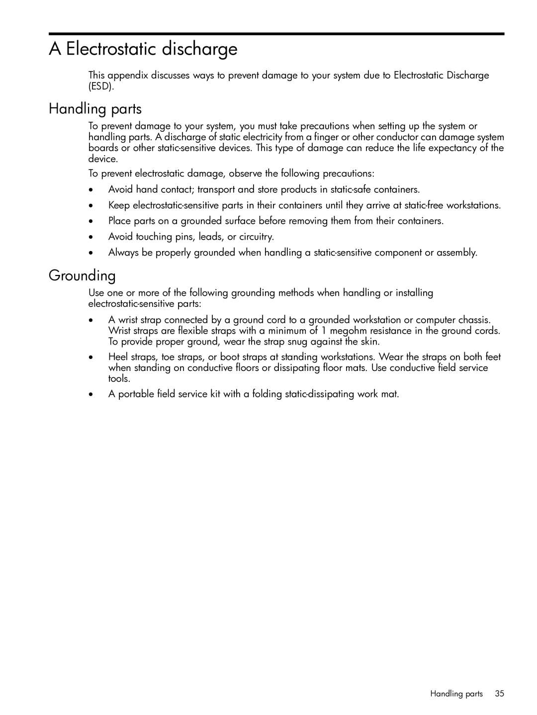 HP Smart Array (RAID) Host Bus Adapters manual Electrostatic discharge, Handling parts, Grounding 