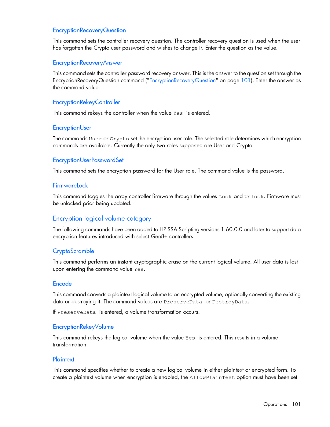 HP Smart Storage Adstrator manual Encryption logical volume category, EncryptionRecoveryQuestion 