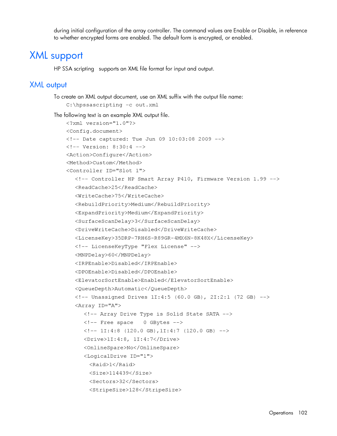 HP Smart Storage Adstrator manual XML support, XML output, hpssascripting -c out.xml 