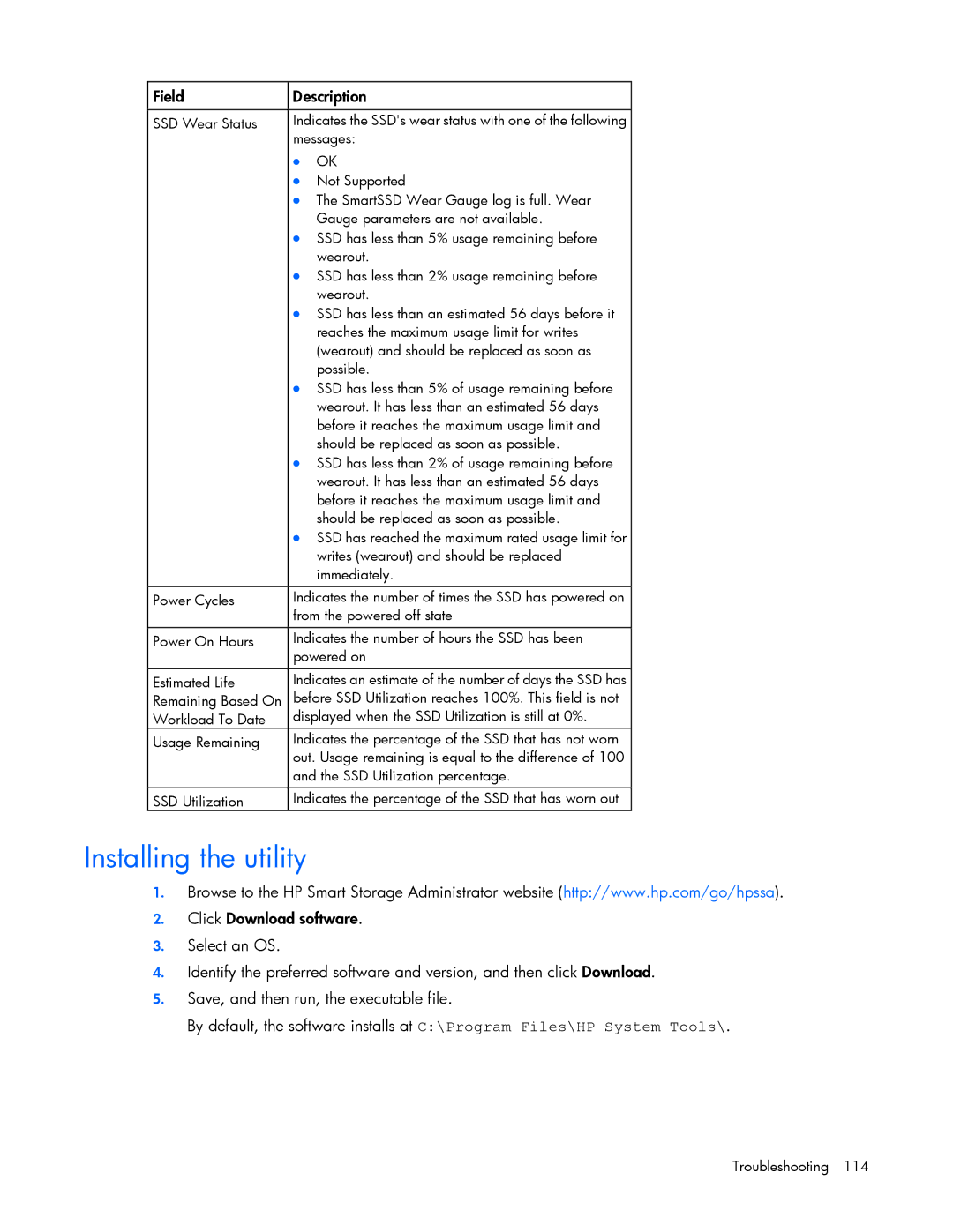 HP Smart Storage Adstrator manual Installing the utility, Field Description 