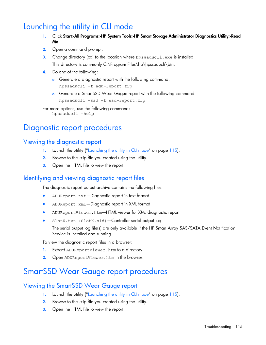 HP Smart Storage Adstrator manual Launching the utility in CLI mode, Diagnostic report procedures 