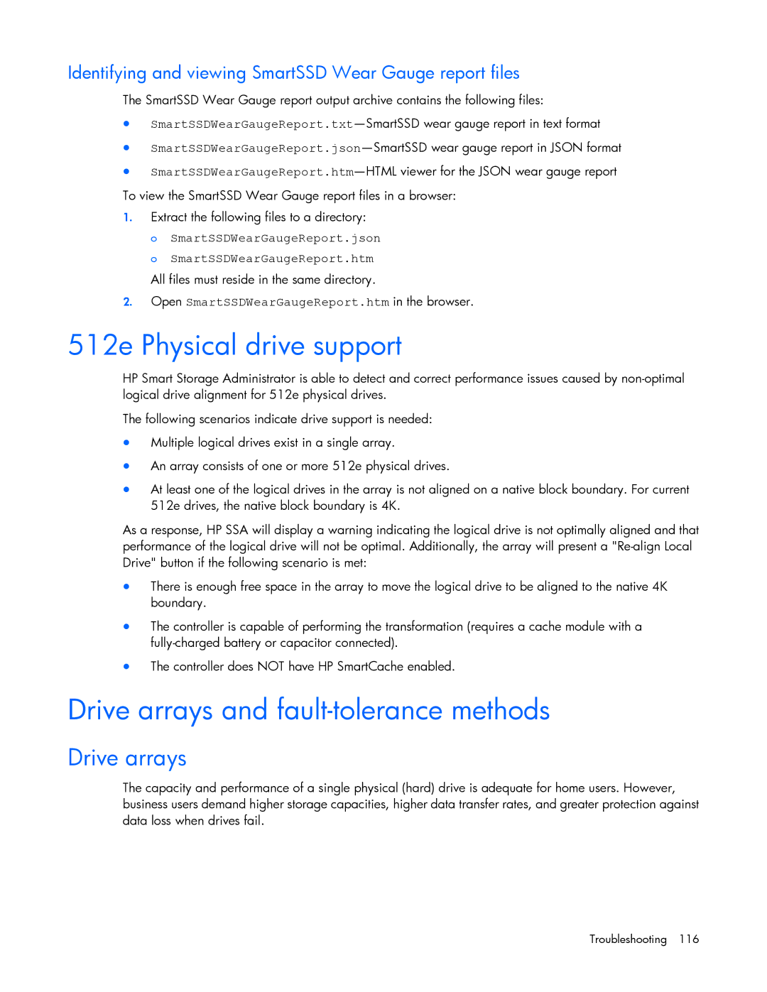 HP Smart Storage Adstrator manual 512e Physical drive support, Drive arrays and fault-tolerance methods 