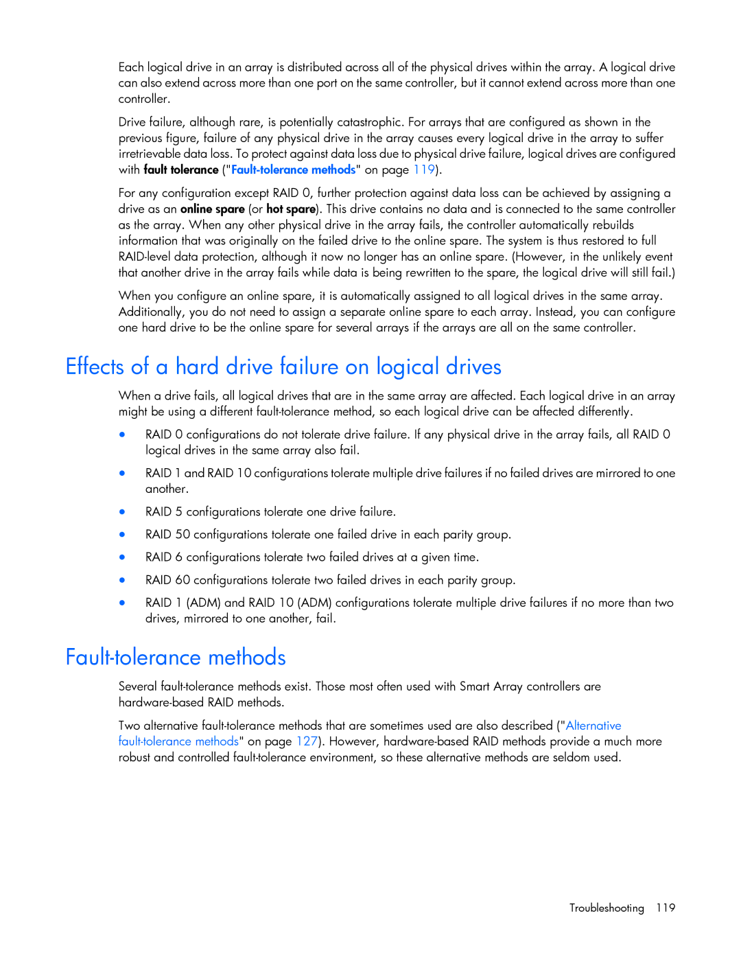 HP Smart Storage Adstrator manual Effects of a hard drive failure on logical drives, Fault-tolerance methods 