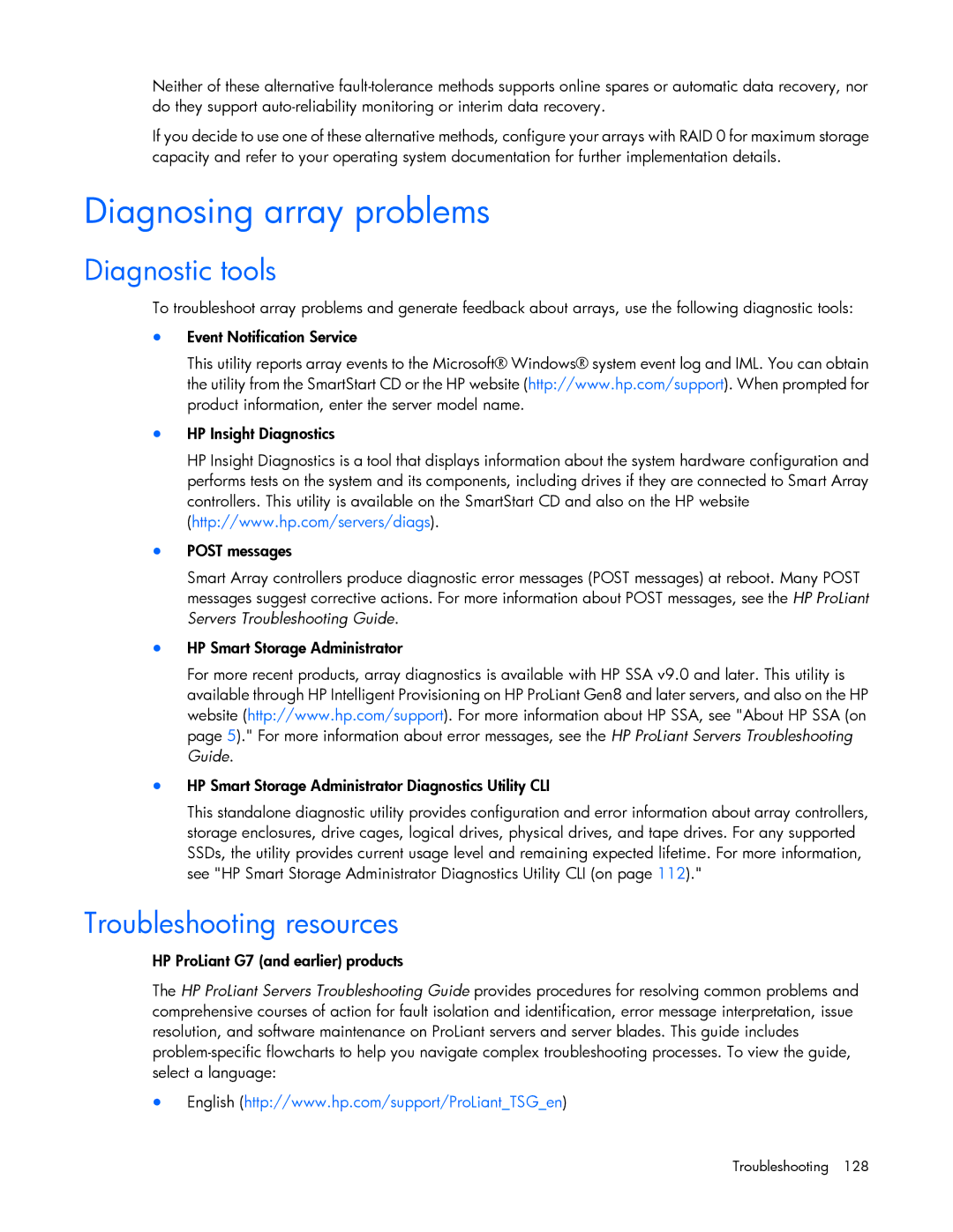 HP Smart Storage Adstrator manual Diagnosing array problems, Diagnostic tools, Troubleshooting resources 