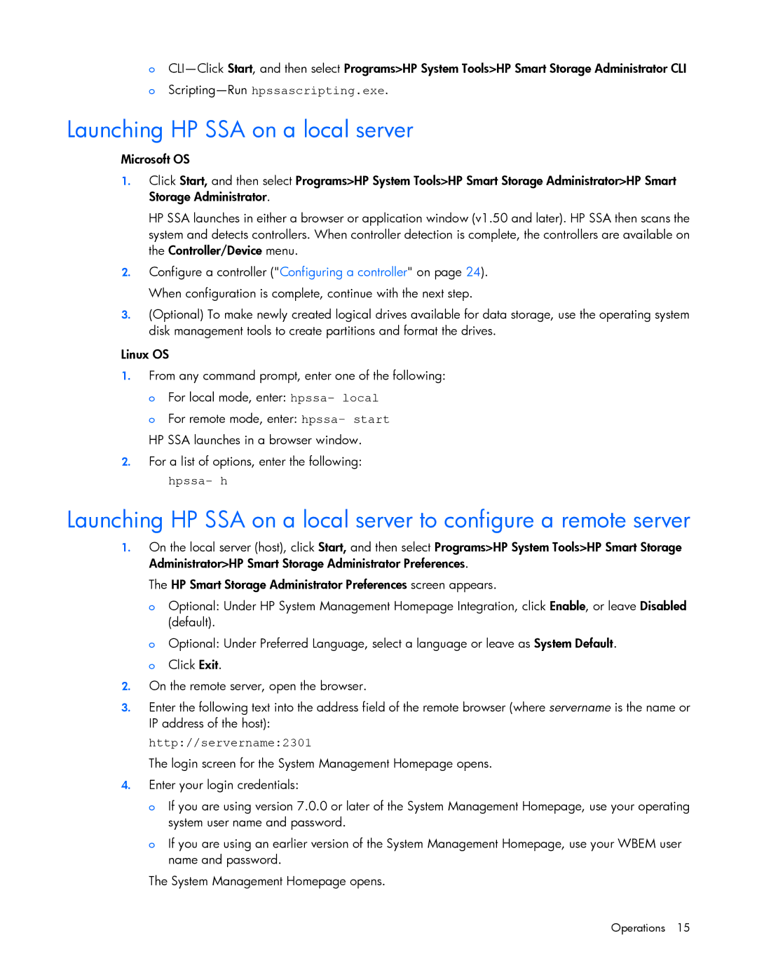 HP Smart Storage Adstrator manual Launching HP SSA on a local server, Hpssa- h, Http//servername2301 