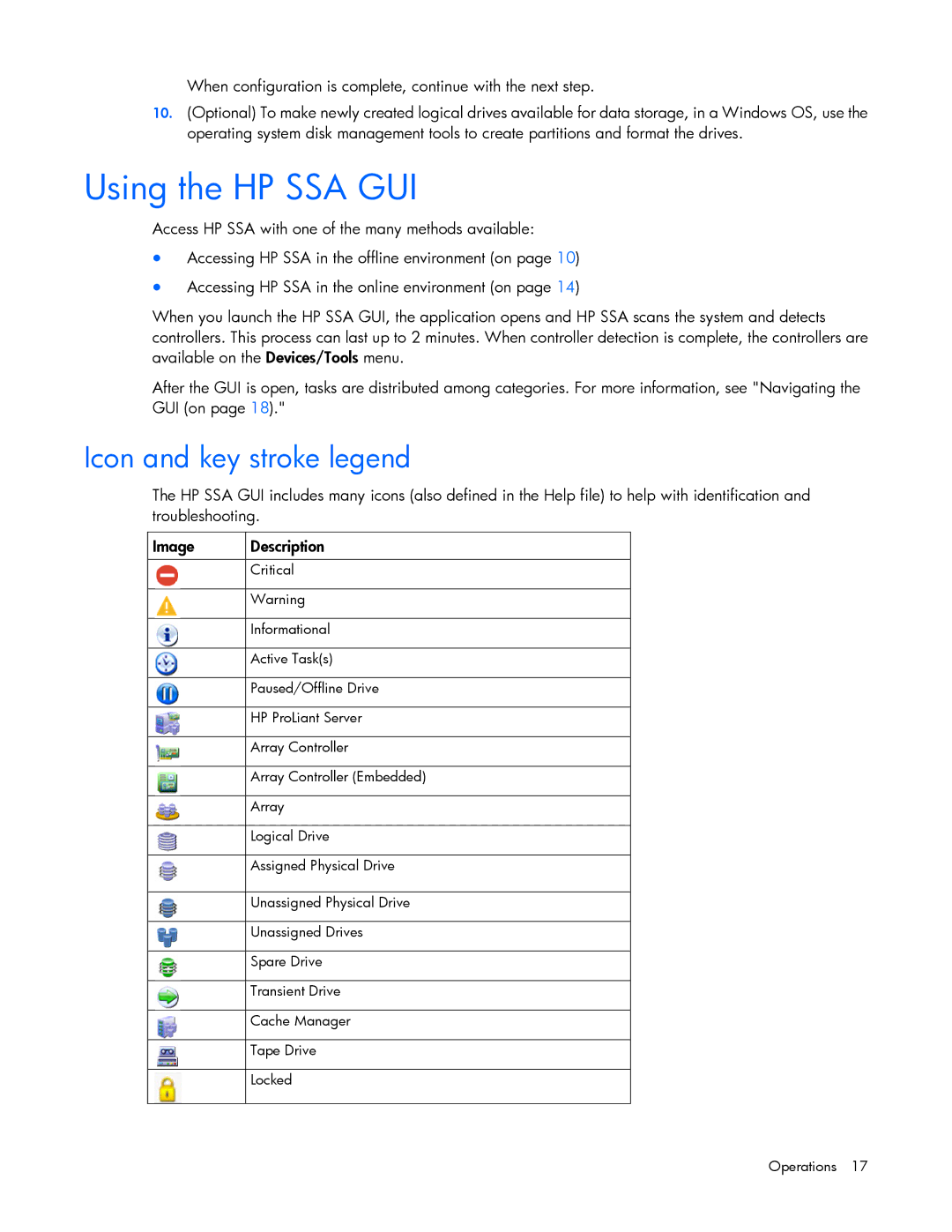 HP Smart Storage Adstrator manual Using the HP SSA GUI, Icon and key stroke legend 