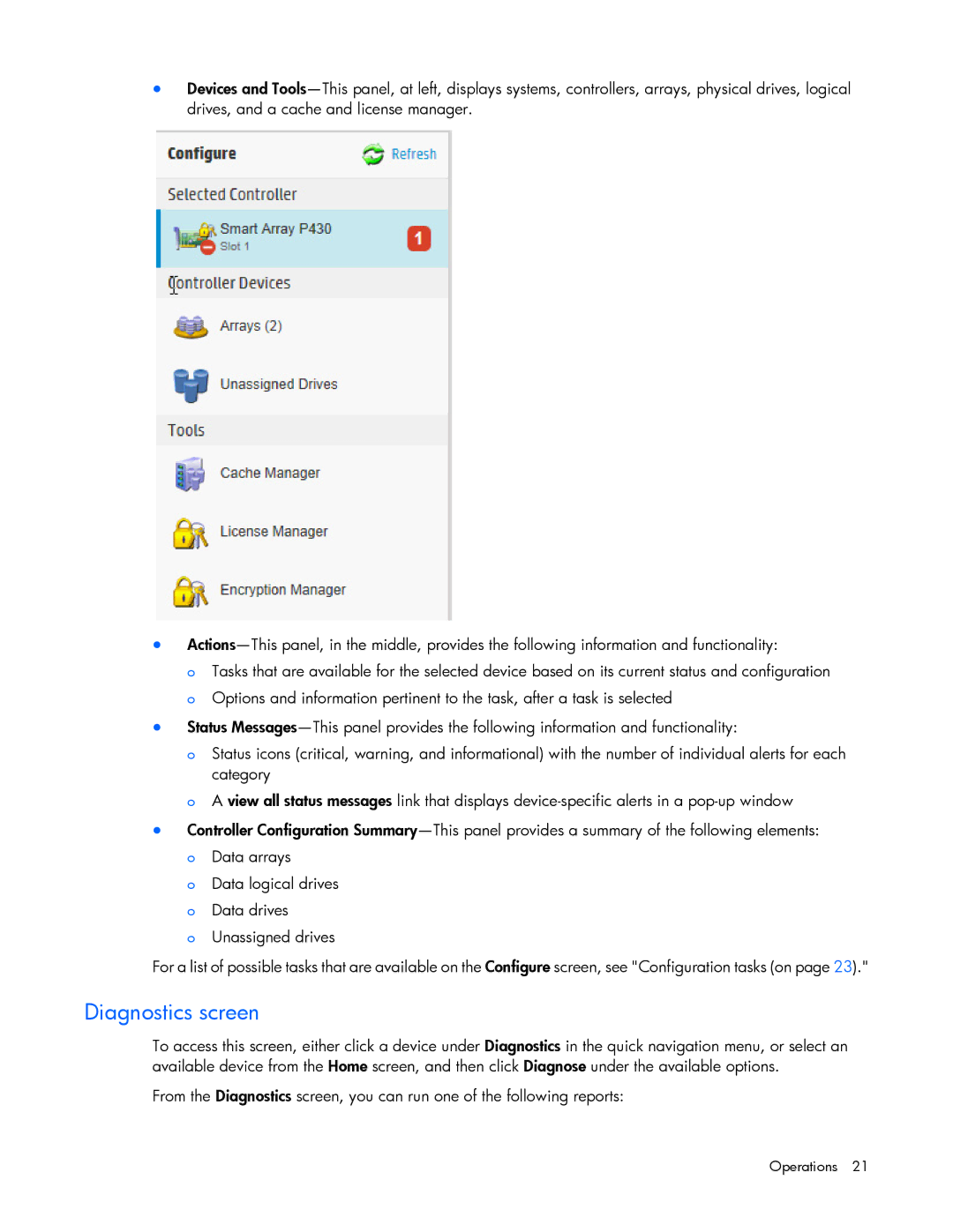 HP Smart Storage Adstrator manual Diagnostics screen 