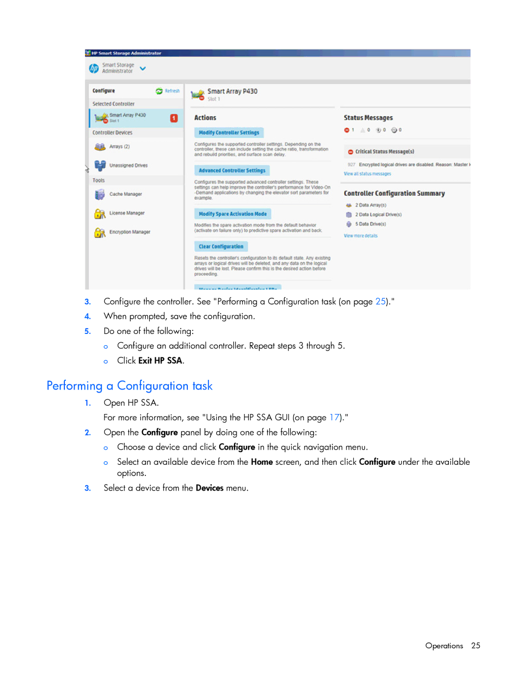 HP Smart Storage Adstrator manual Performing a Configuration task 