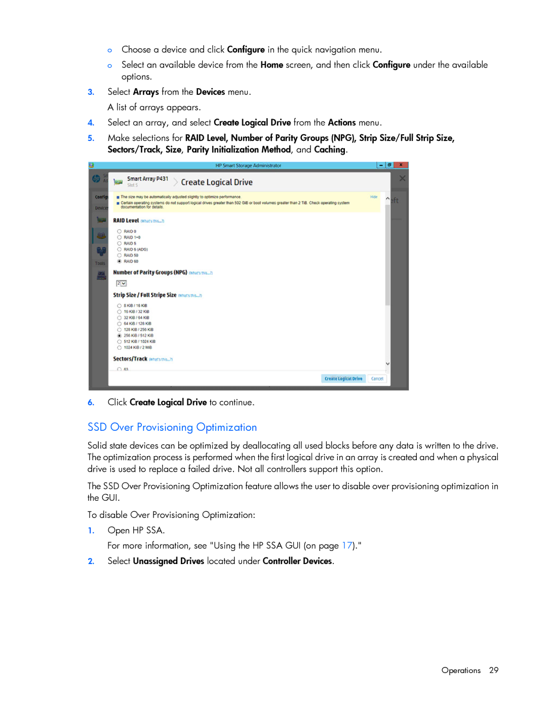 HP Smart Storage Adstrator manual SSD Over Provisioning Optimization 