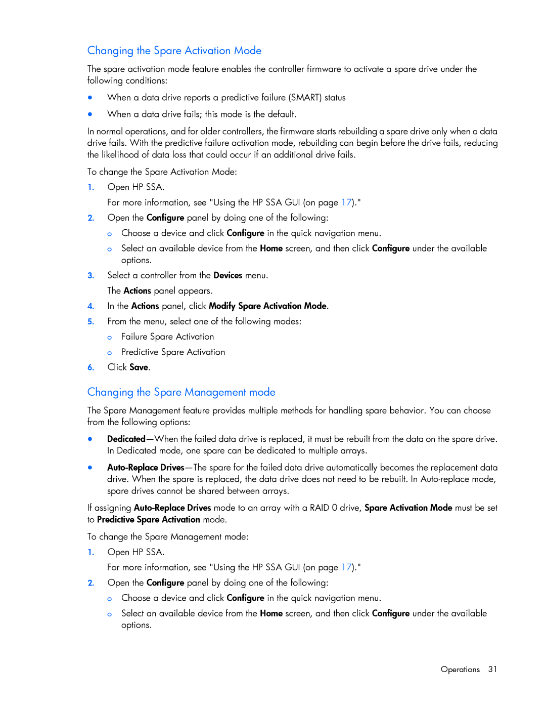 HP Smart Storage Adstrator manual Changing the Spare Activation Mode, Changing the Spare Management mode 