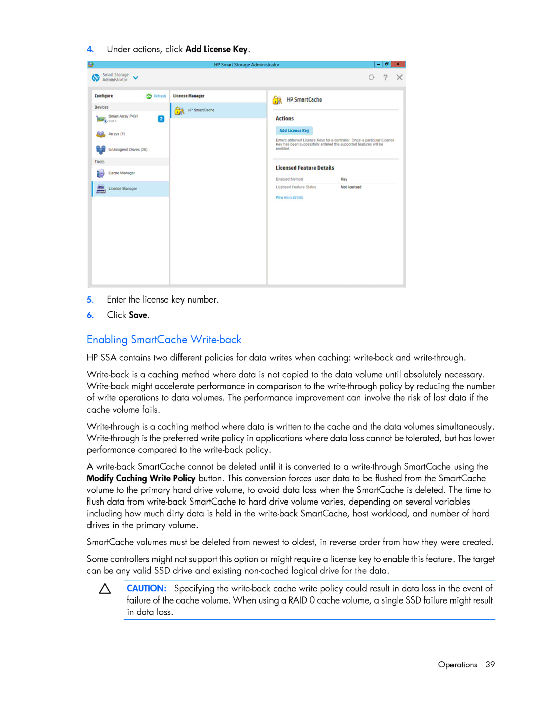 HP Smart Storage Adstrator manual Enabling SmartCache Write-back 