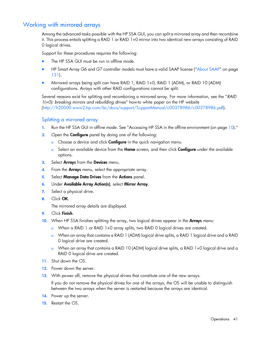 HP Smart Storage Adstrator manual Working with mirrored arrays, Splitting a mirrored array 