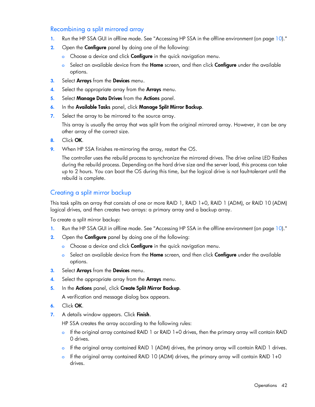 HP Smart Storage Adstrator manual Recombining a split mirrored array, Creating a split mirror backup 