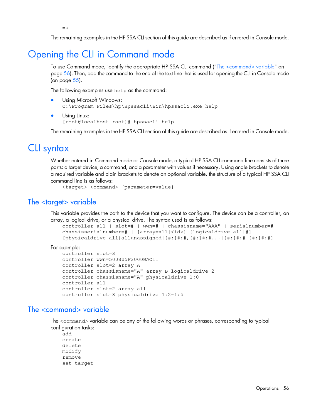 HP Smart Storage Adstrator manual Opening the CLI in Command mode, CLI syntax, Target variable, Command variable 