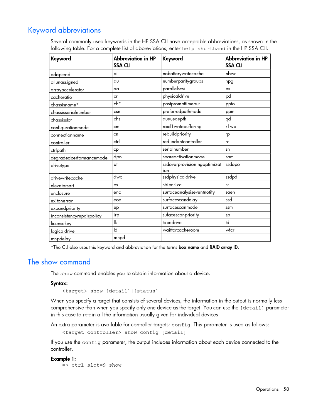 HP Smart Storage Adstrator manual Keyword abbreviations, Show command, Target show detailstatus, = ctrl slot=9 show 