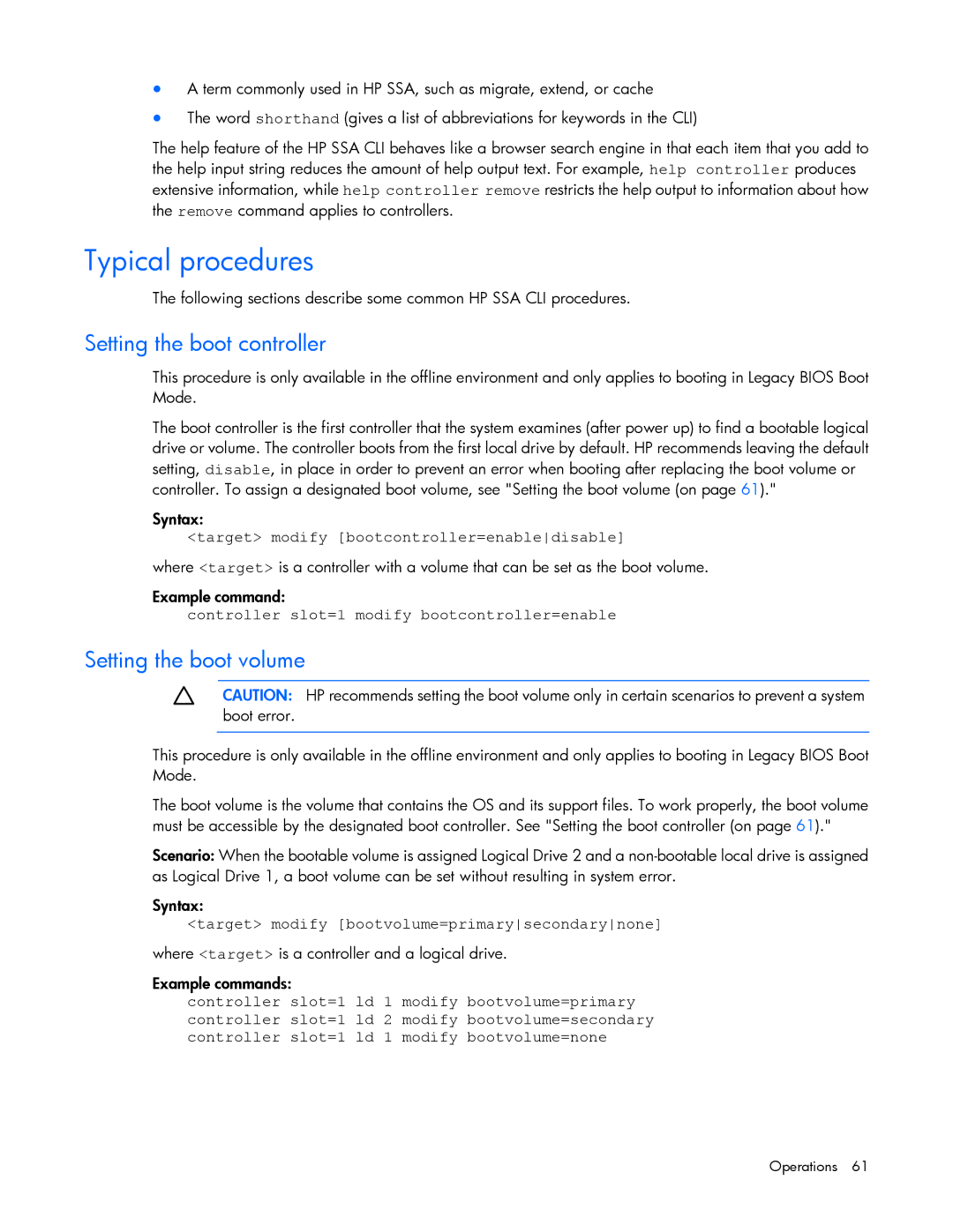 HP Smart Storage Adstrator manual Typical procedures, Setting the boot controller, Setting the boot volume 