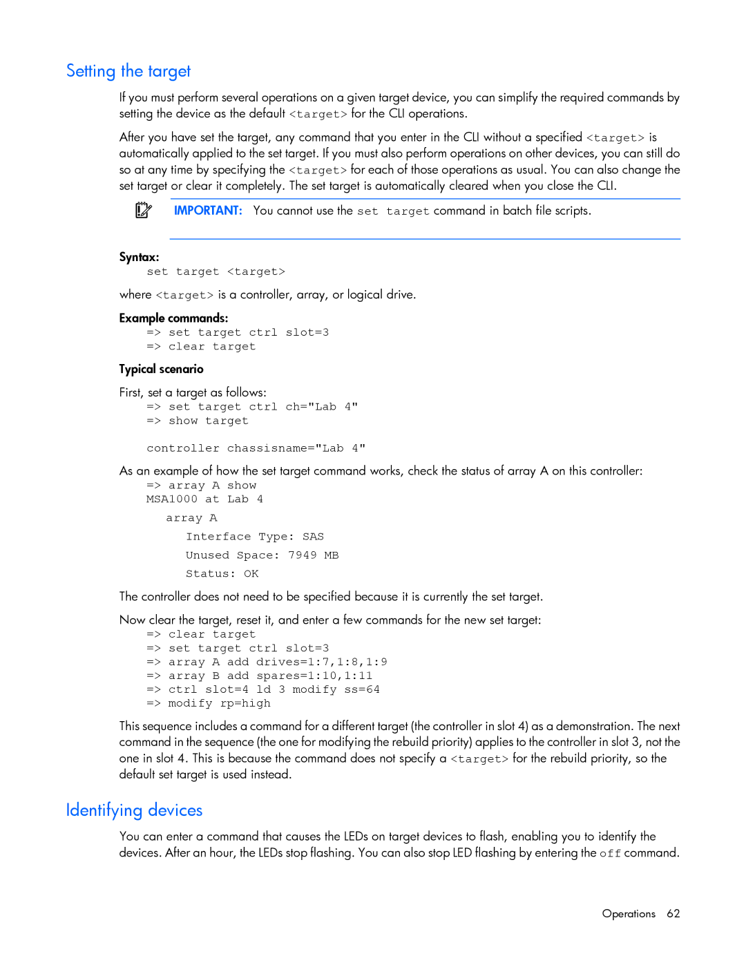 HP Smart Storage Adstrator manual Setting the target, Identifying devices, Set target target 