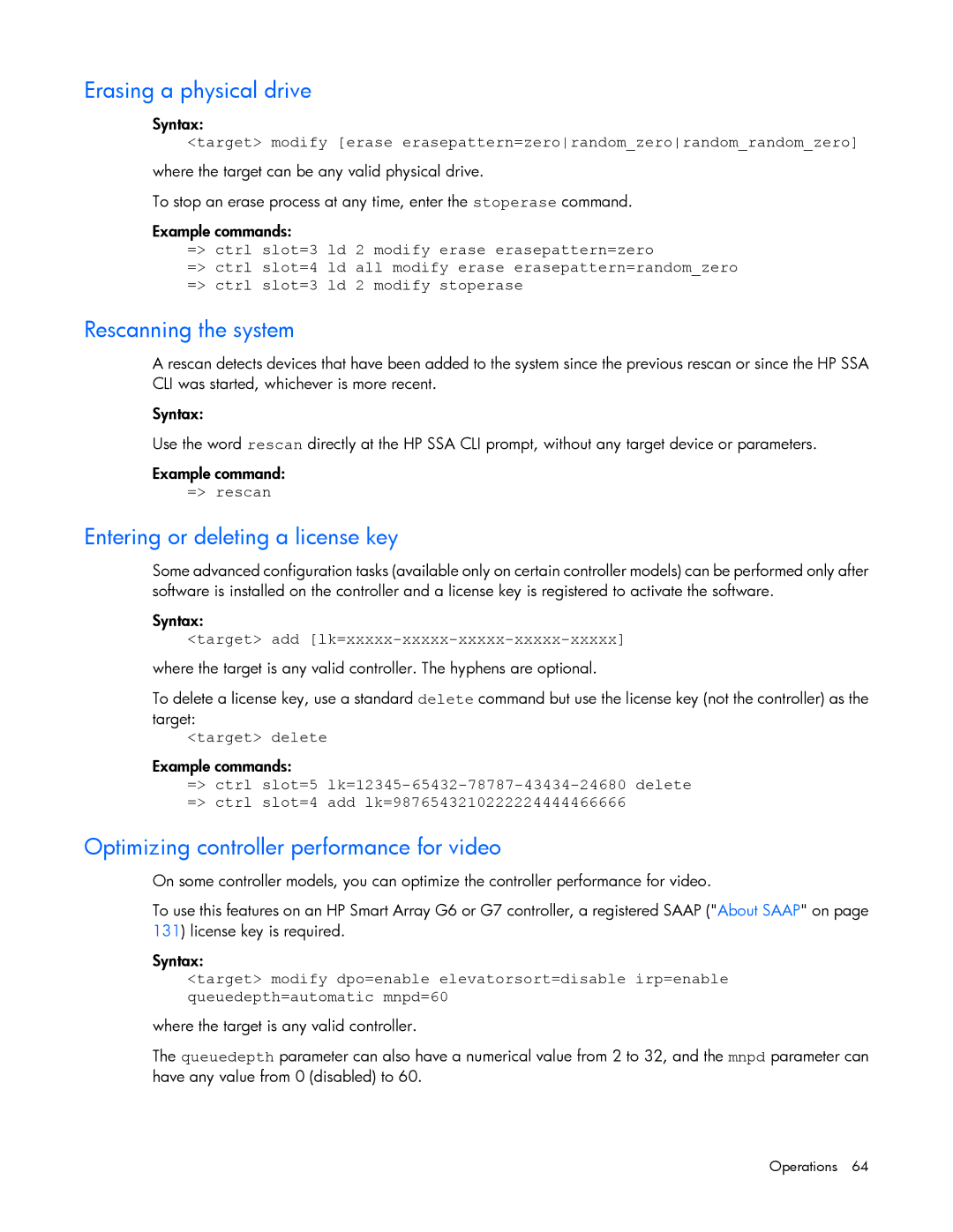 HP Smart Storage Adstrator manual Erasing a physical drive, Rescanning the system, Entering or deleting a license key 