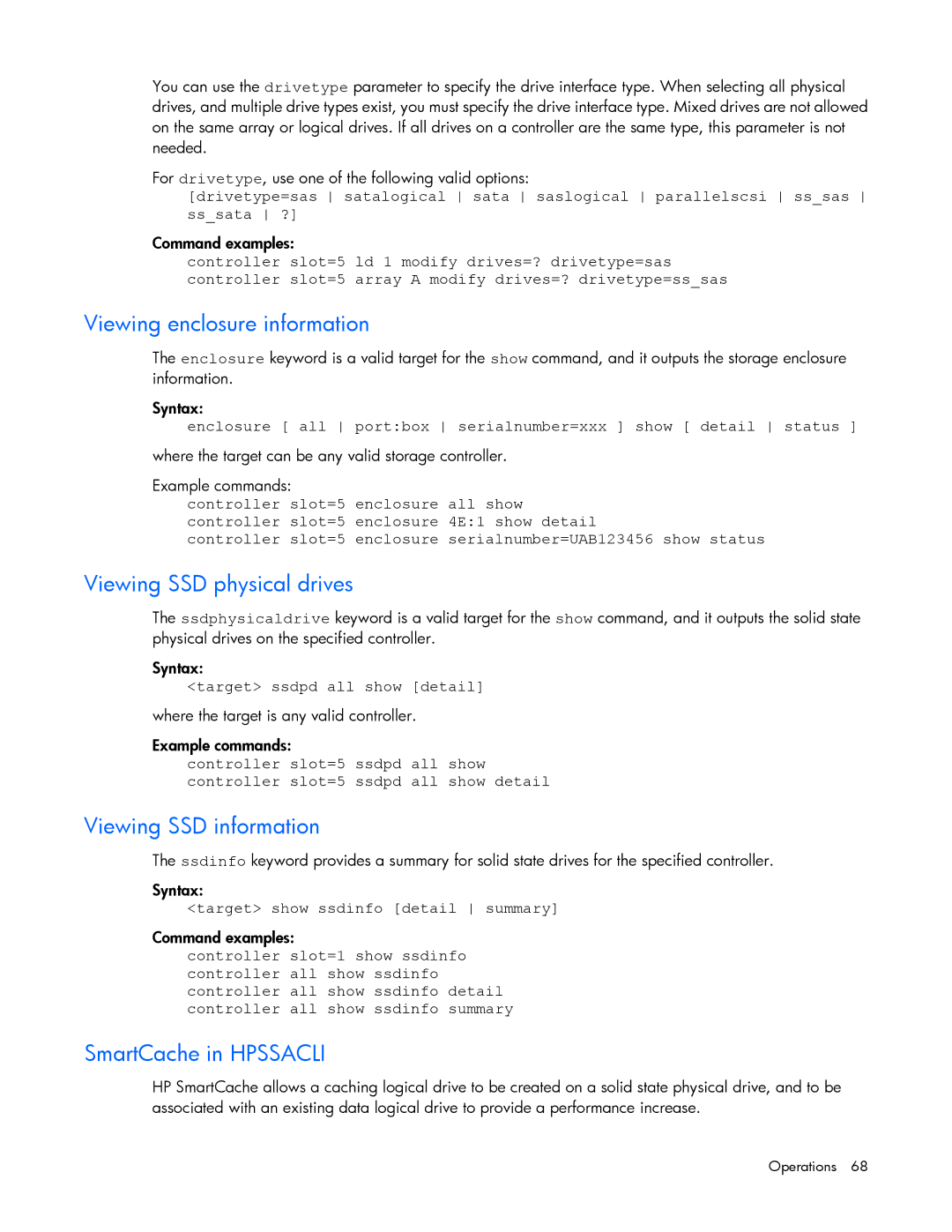 HP Smart Storage Adstrator manual Viewing enclosure information, Viewing SSD physical drives, Viewing SSD information 