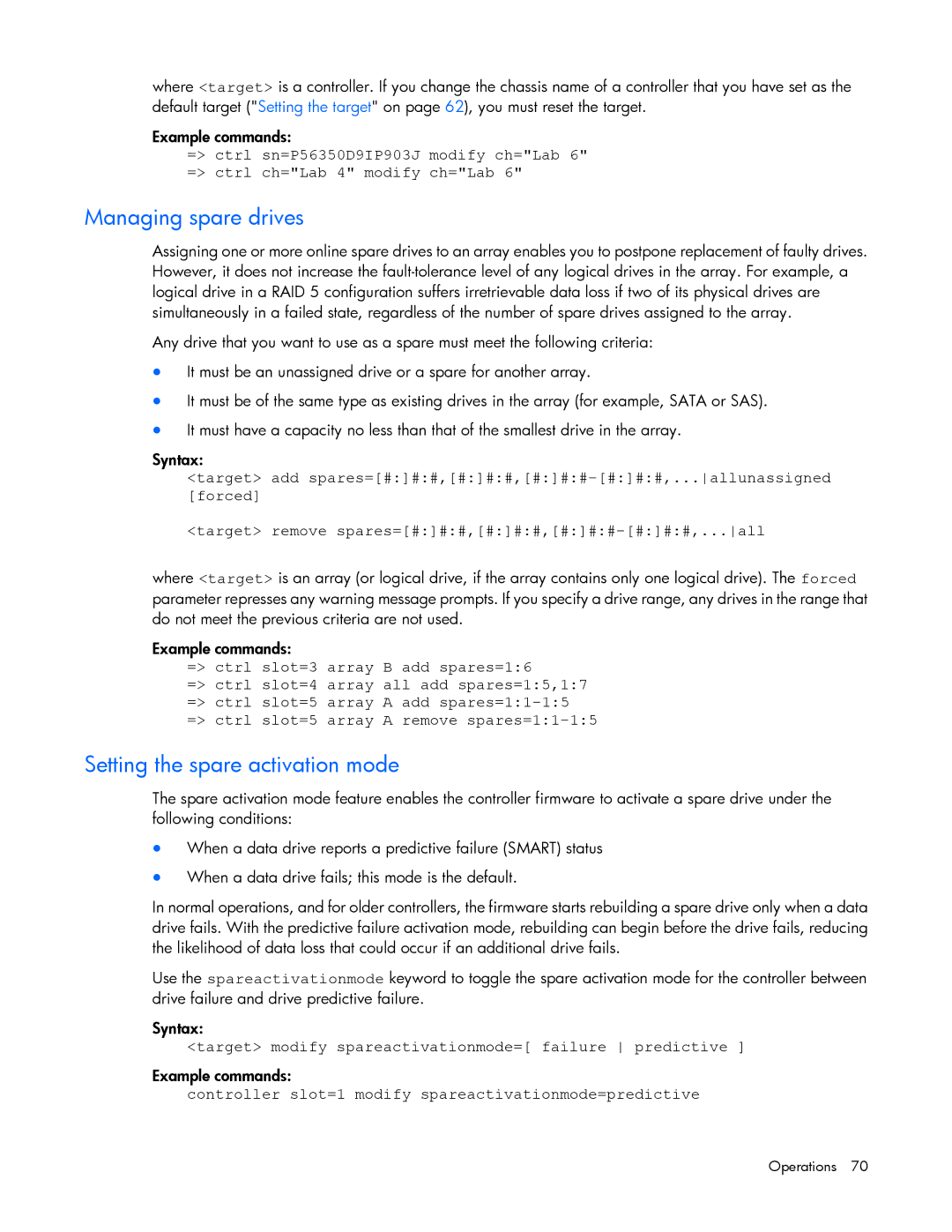 HP Smart Storage Adstrator manual Managing spare drives, Setting the spare activation mode 