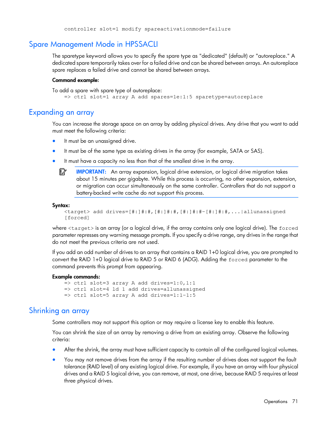 HP Smart Storage Adstrator manual Spare Management Mode in Hpssacli, Expanding an array, Shrinking an array 