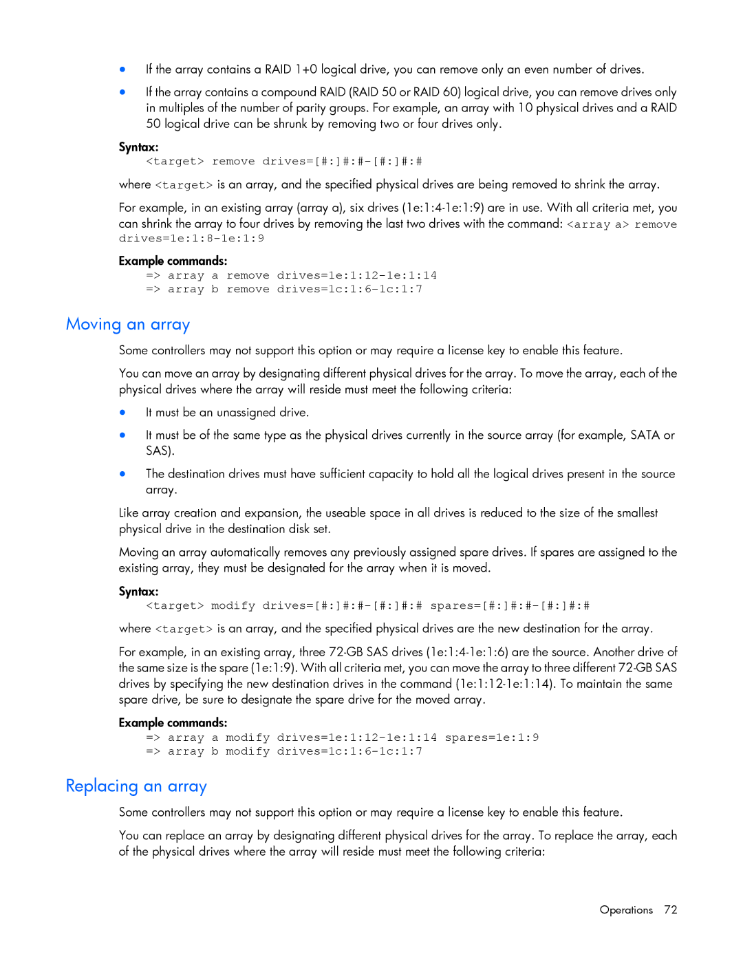 HP Smart Storage Adstrator Moving an array, Target remove drives=###-###, Target modify drives=###-### spares=###-### 