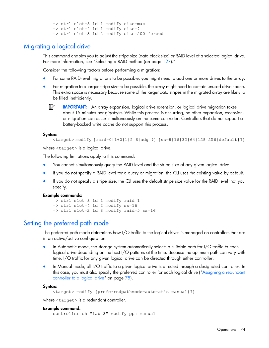 HP Smart Storage Adstrator manual Migrating a logical drive, Setting the preferred path mode 