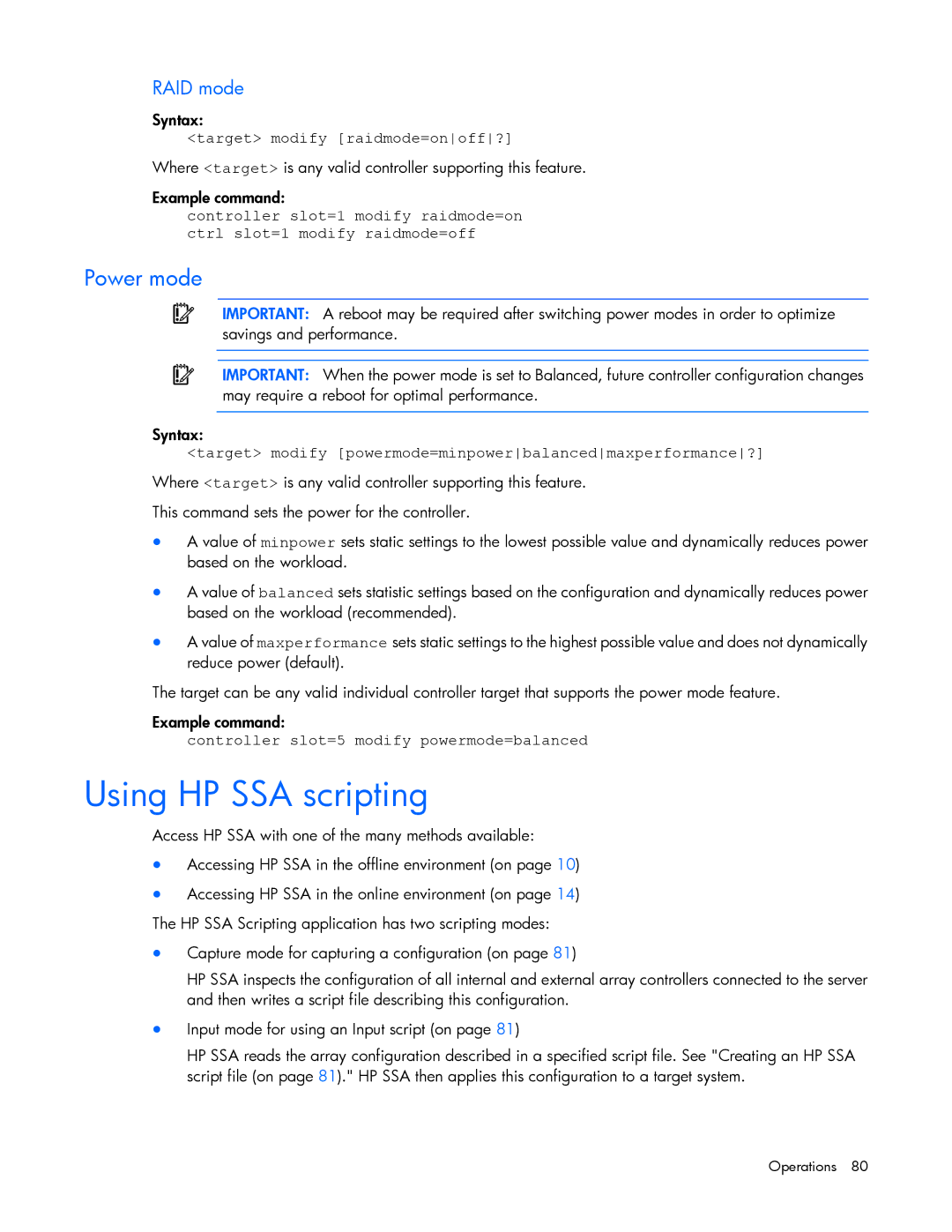 HP Smart Storage Adstrator manual Using HP SSA scripting, Power mode, RAID mode 