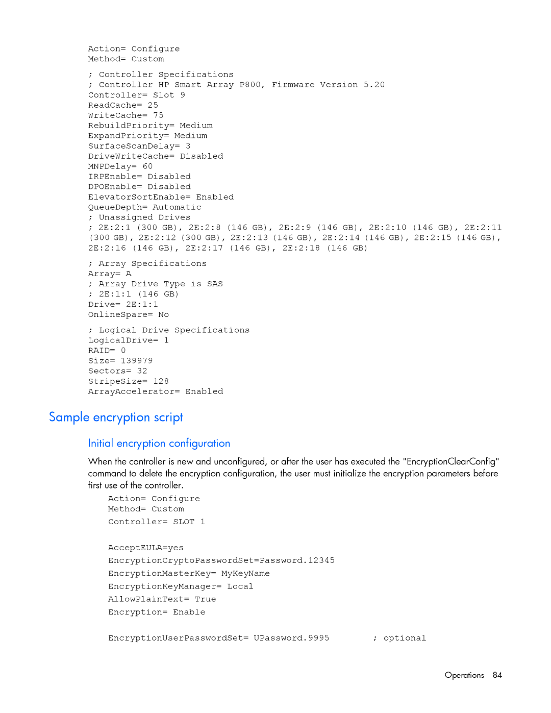 HP Smart Storage Adstrator manual Sample encryption script, Initial encryption configuration 