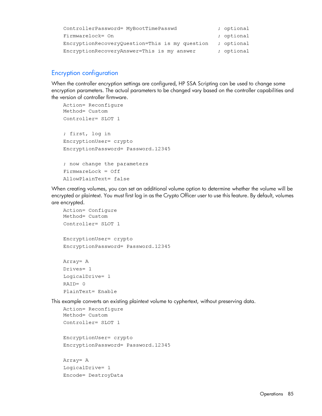 HP Smart Storage Adstrator manual Encryption configuration, PlainText= Enable 