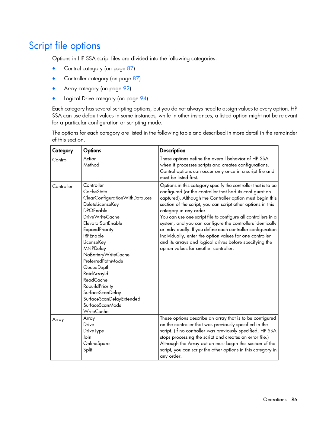 HP Smart Storage Adstrator manual Script file options 