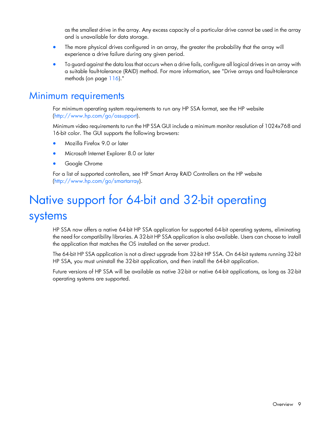 HP Smart Storage Adstrator manual Native support for 64-bit and 32-bit operating systems, Minimum requirements 