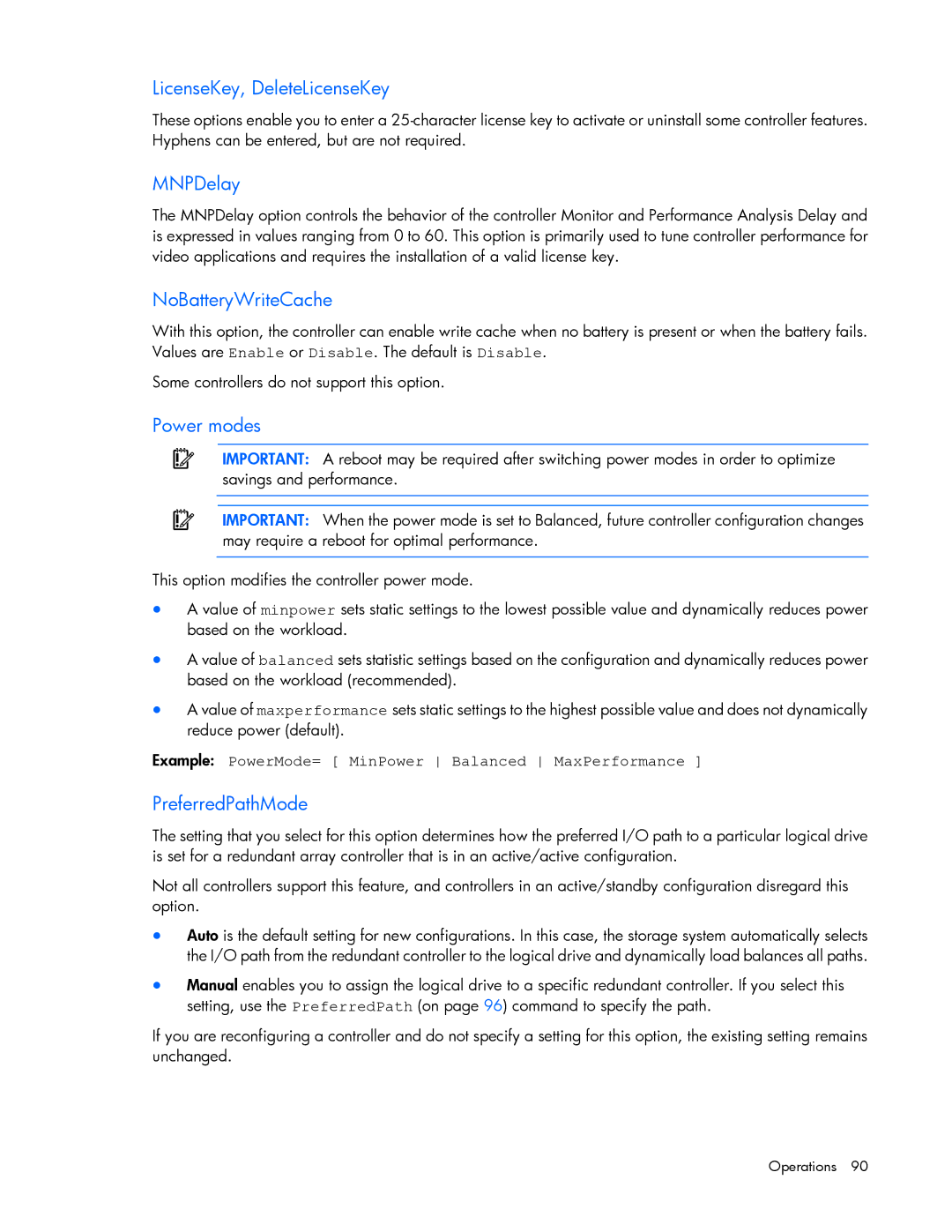 HP Smart Storage Adstrator LicenseKey, DeleteLicenseKey, MNPDelay, NoBatteryWriteCache, Power modes, PreferredPathMode 