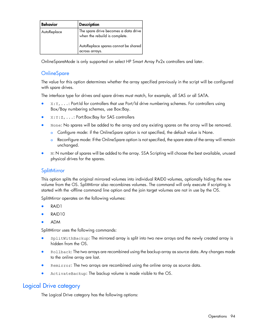 HP Smart Storage Adstrator manual Logical Drive category, OnlineSpare, SplitMirror 