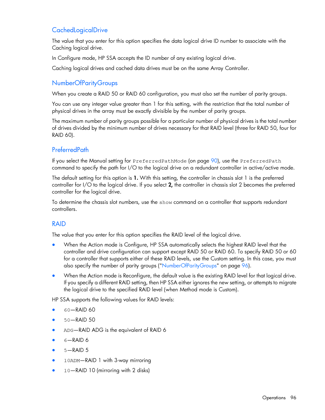 HP Smart Storage Adstrator manual CachedLogicalDrive, NumberOfParityGroups, PreferredPath 