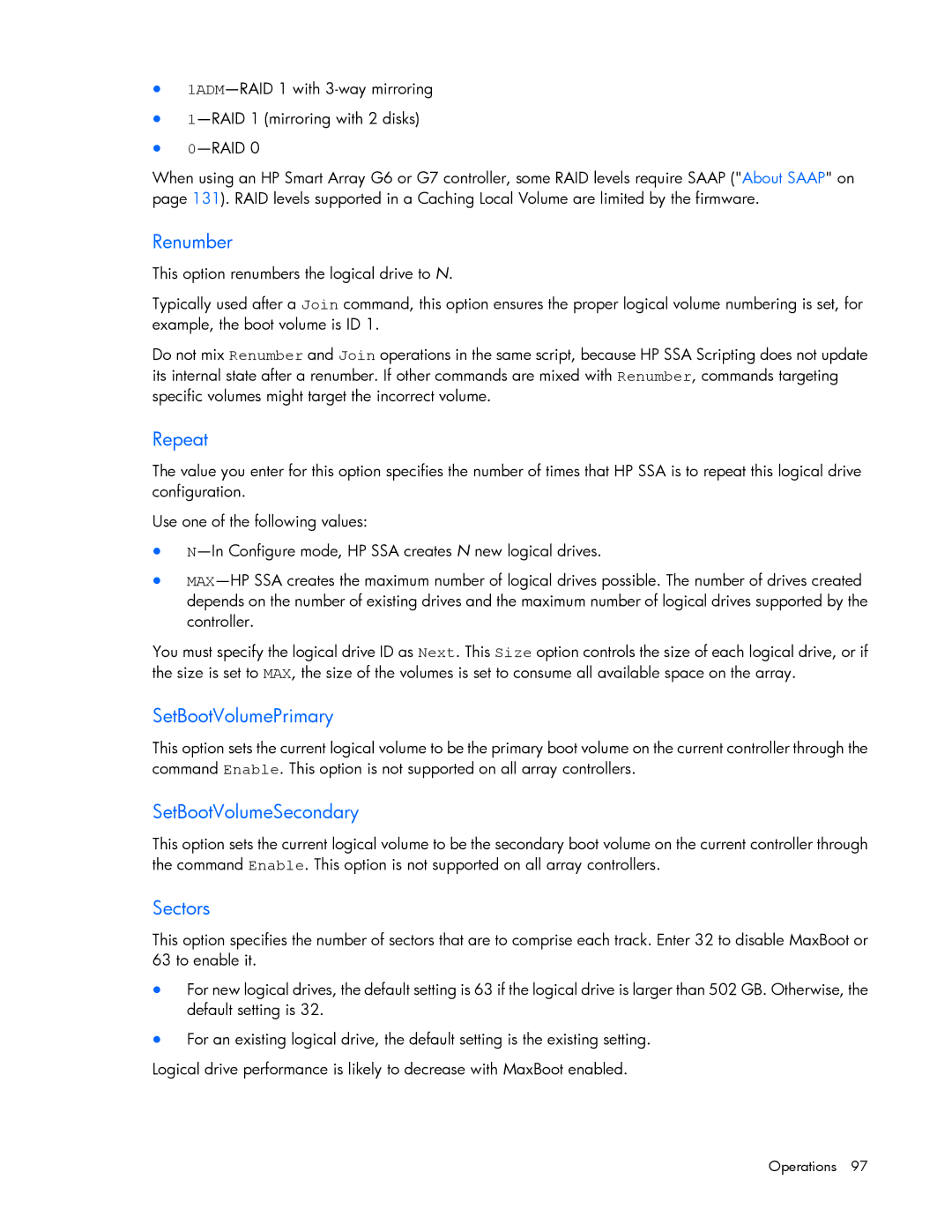 HP Smart Storage Adstrator manual Renumber, Repeat, SetBootVolumePrimary, SetBootVolumeSecondary, Sectors 