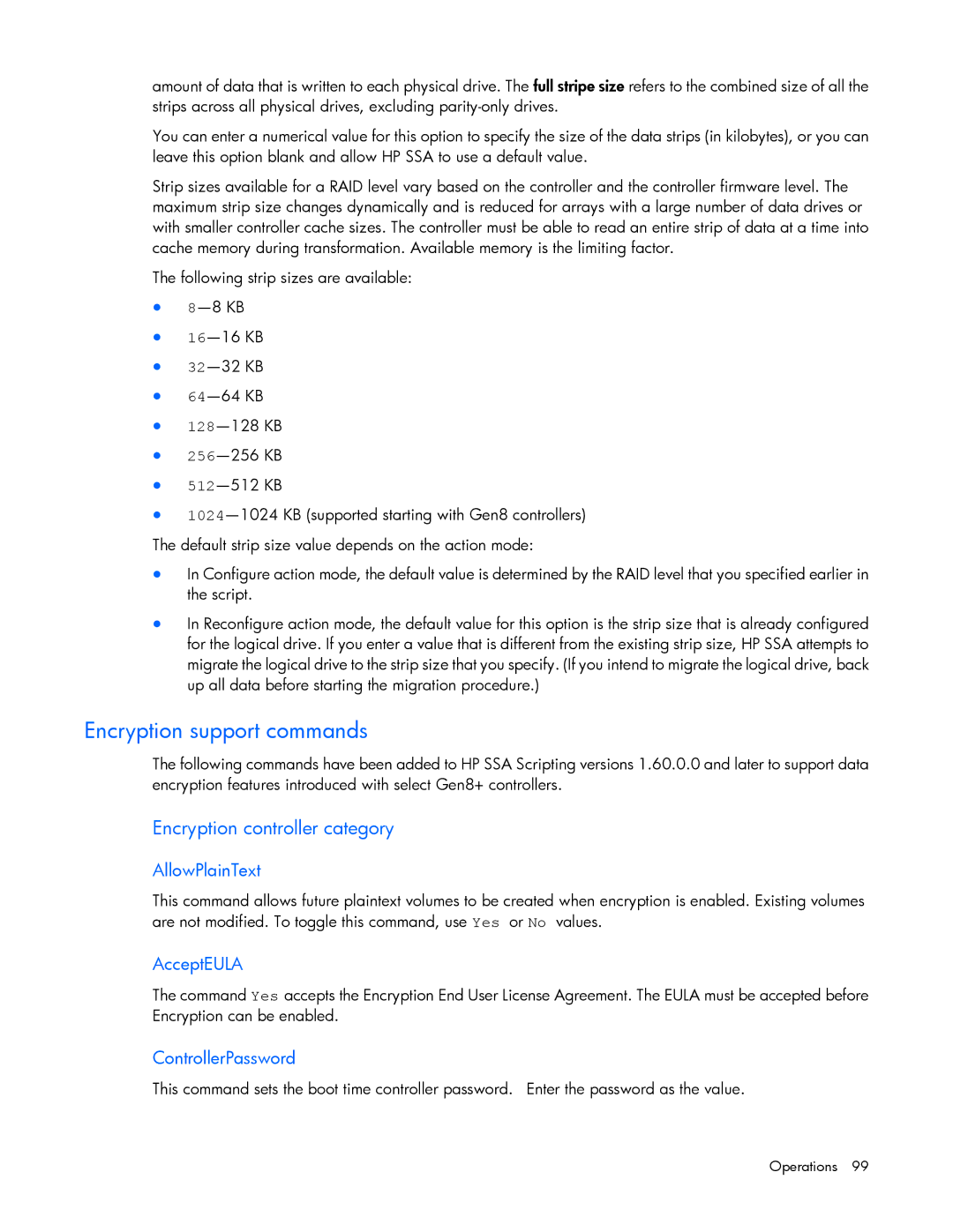 HP Smart Storage Adstrator manual Encryption support commands, Encryption controller category 